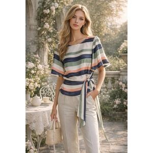 Ann Taylor Factory Striped Flutter Sleeve Tie Waist Blouse Navy Green Peach M